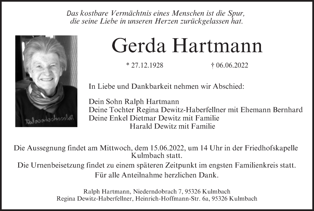  Traueranzeige für Gerda Hartmann vom 11.06.2022 aus MGO