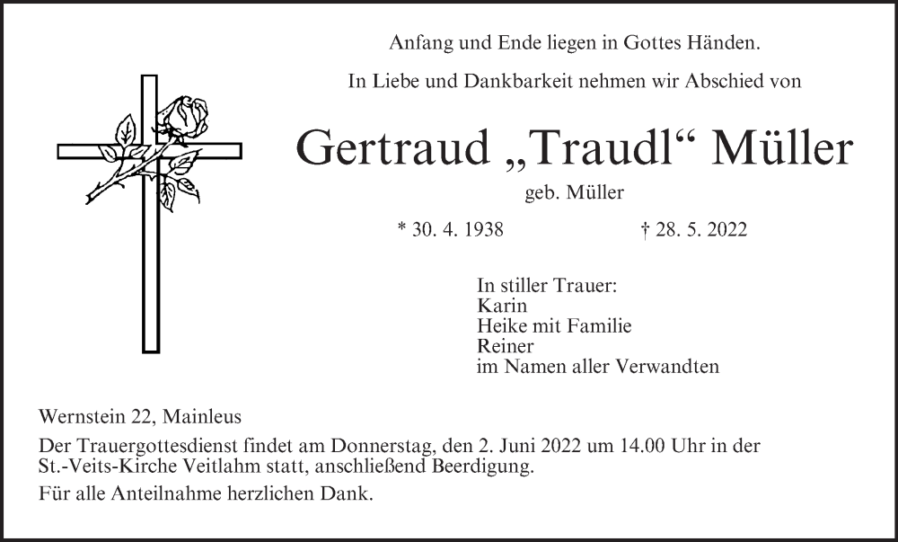  Traueranzeige für Gertraud Müller vom 01.06.2022 aus MGO
