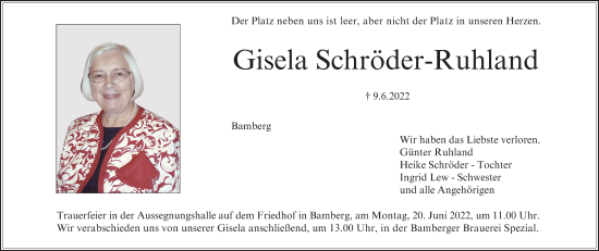 Anzeige von Gisela Schröder-Ruhland von MGO