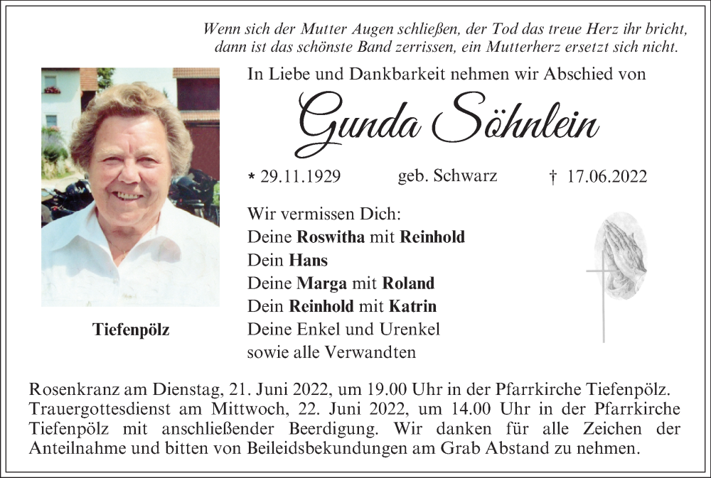  Traueranzeige für Gunda Söhnlein vom 21.06.2022 aus MGO