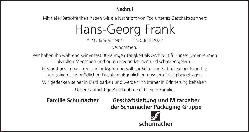 Traueranzeige für Hans-Georg Frank vom 25.06.2022 aus MGO