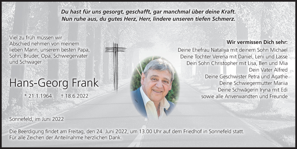  Traueranzeige für Hans-Georg Frank vom 22.06.2022 aus MGO