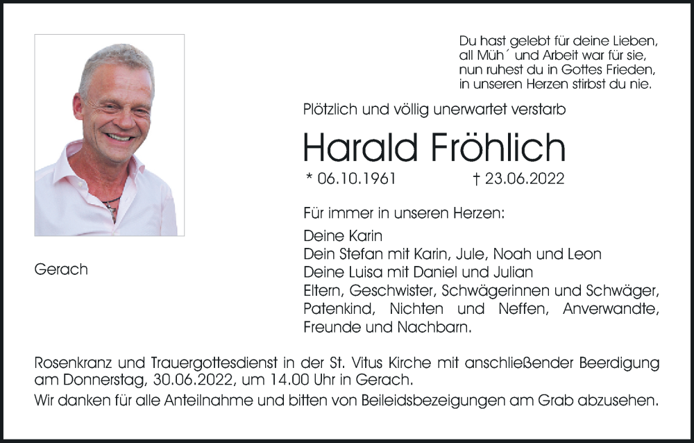  Traueranzeige für Harald Fröhlich vom 28.06.2022 aus MGO