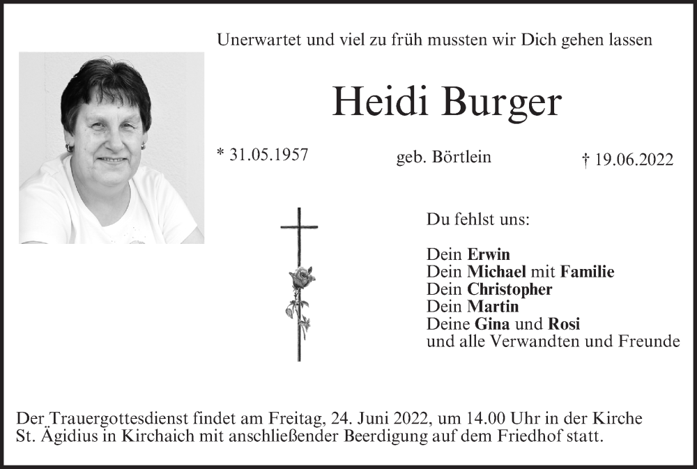  Traueranzeige für Heidi Burger vom 22.06.2022 aus MGO