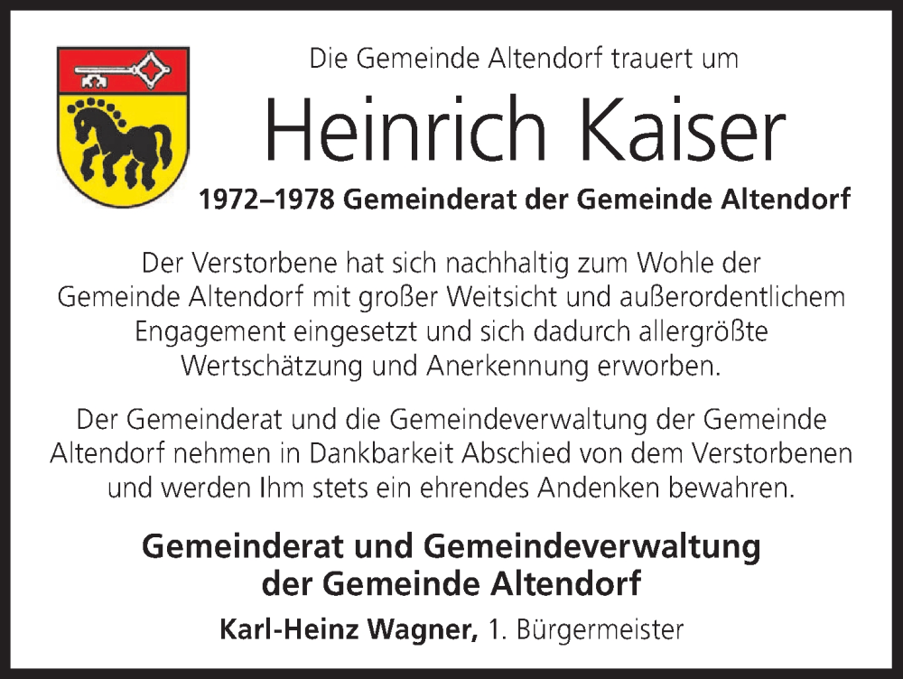  Traueranzeige für Heinrich Kaiser vom 14.06.2022 aus MGO