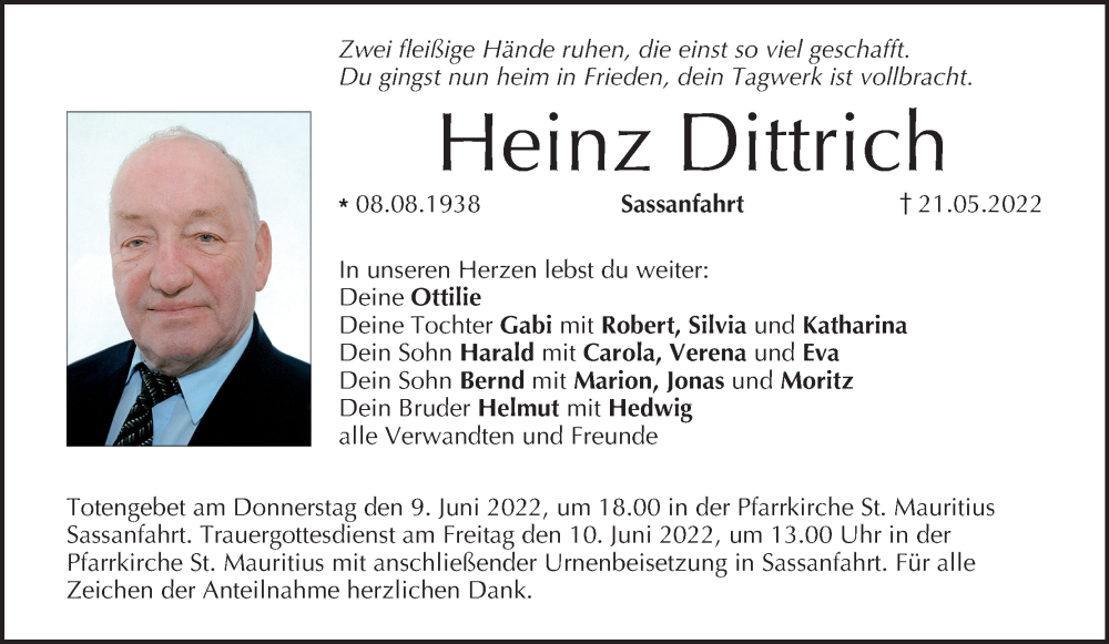 Traueranzeige für Heinz Dittrich vom 04.06.2022 aus MGO