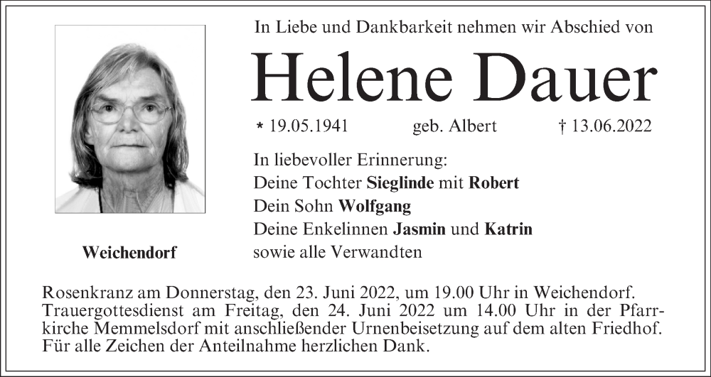  Traueranzeige für Helene Dauer vom 18.06.2022 aus MGO