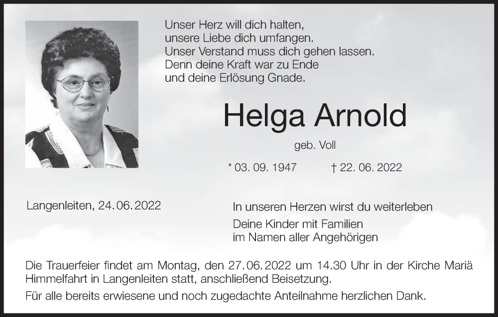  Traueranzeige für Helga Arnold vom 24.06.2022 aus MGO
