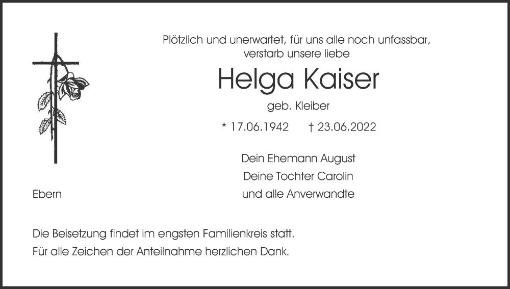  Traueranzeige für Helga Kaiser vom 28.06.2022 aus MGO