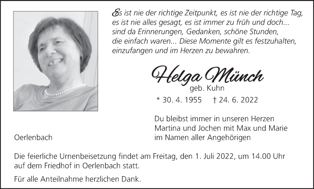  Traueranzeige für Helga Münch vom 25.06.2022 aus MGO