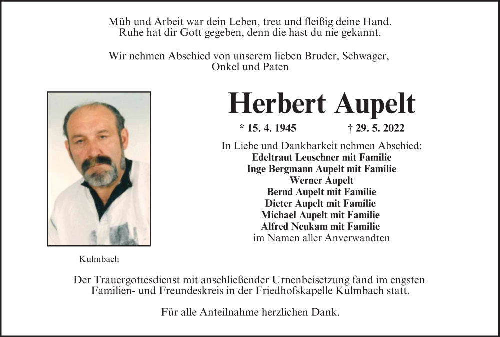  Traueranzeige für Herbert Aupelt vom 25.06.2022 aus MGO