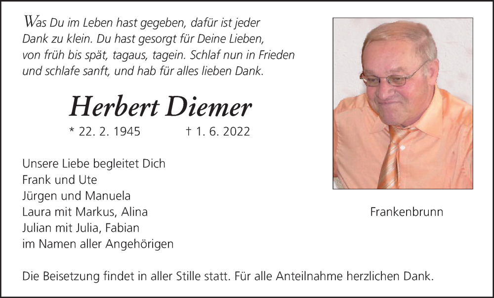  Traueranzeige für Herbert Diemer vom 04.06.2022 aus MGO
