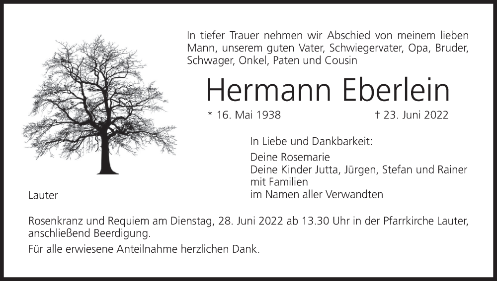  Traueranzeige für Hermann Eberlein vom 25.06.2022 aus MGO