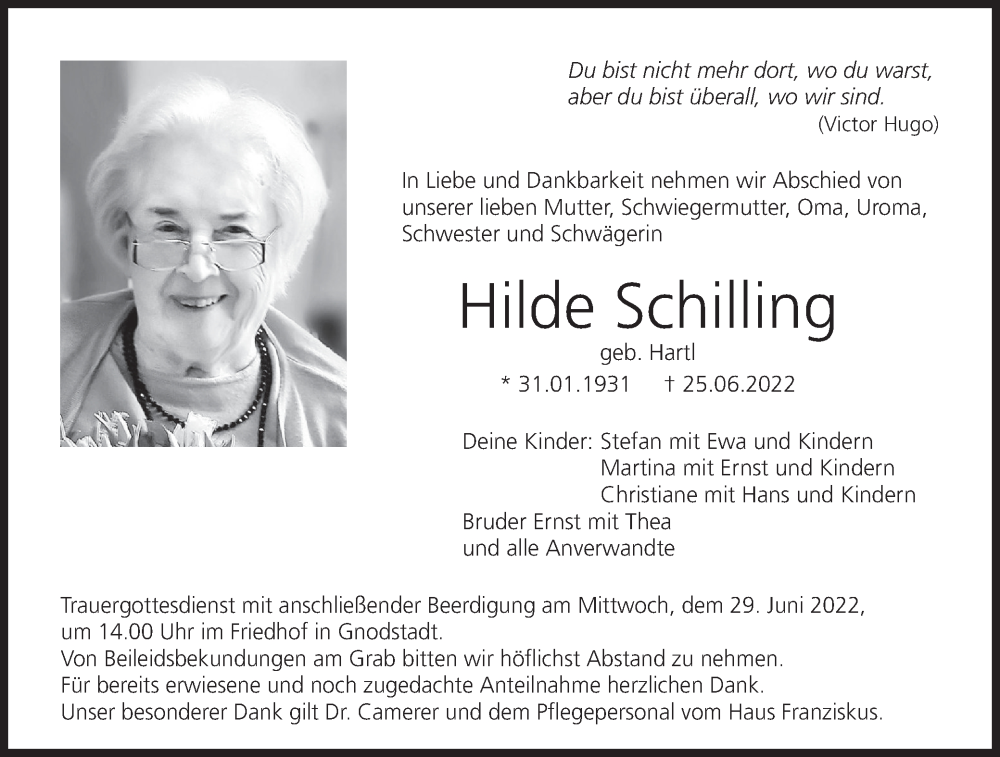  Traueranzeige für Hilde Schilling vom 28.06.2022 aus MGO