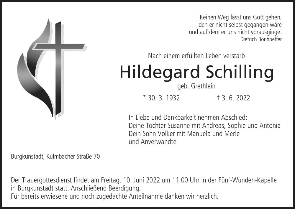  Traueranzeige für Hildegard Schilling vom 09.06.2022 aus MGO