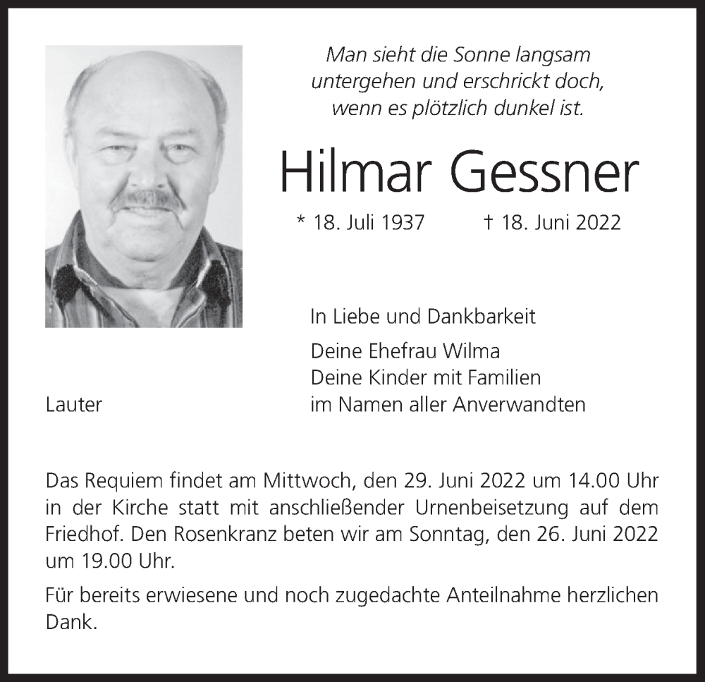  Traueranzeige für Hilmar Gessner vom 25.06.2022 aus MGO