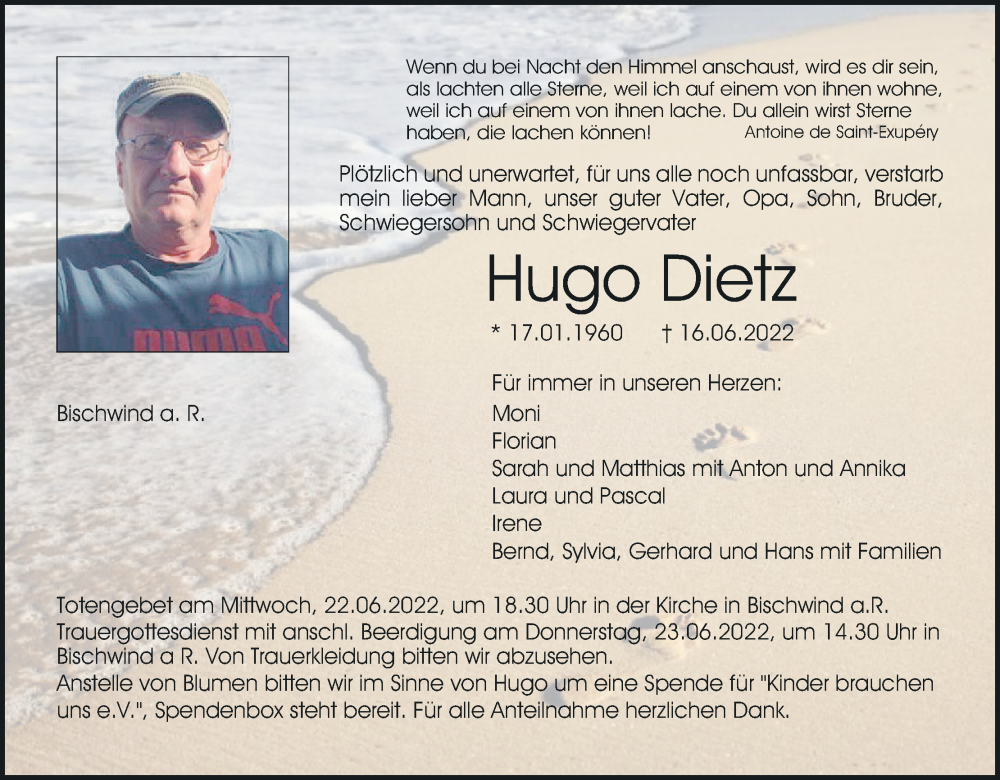  Traueranzeige für Hugo Dietz vom 21.06.2022 aus MGO
