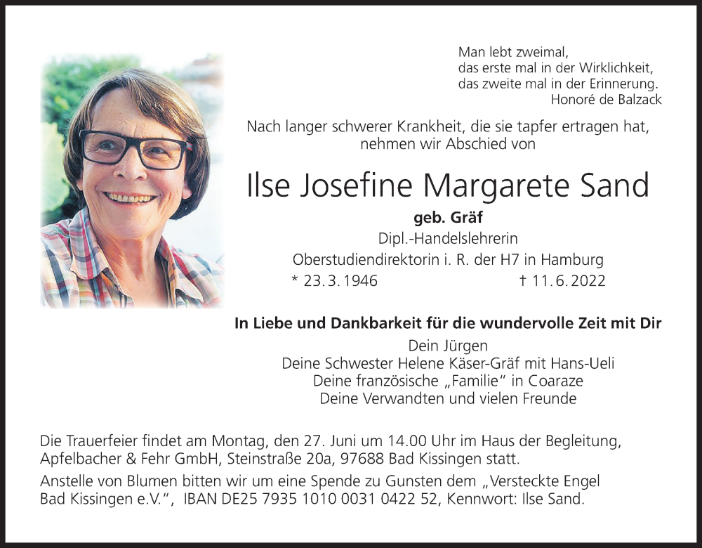  Traueranzeige für Ilse Josefine Margarete Sand vom 18.06.2022 aus MGO