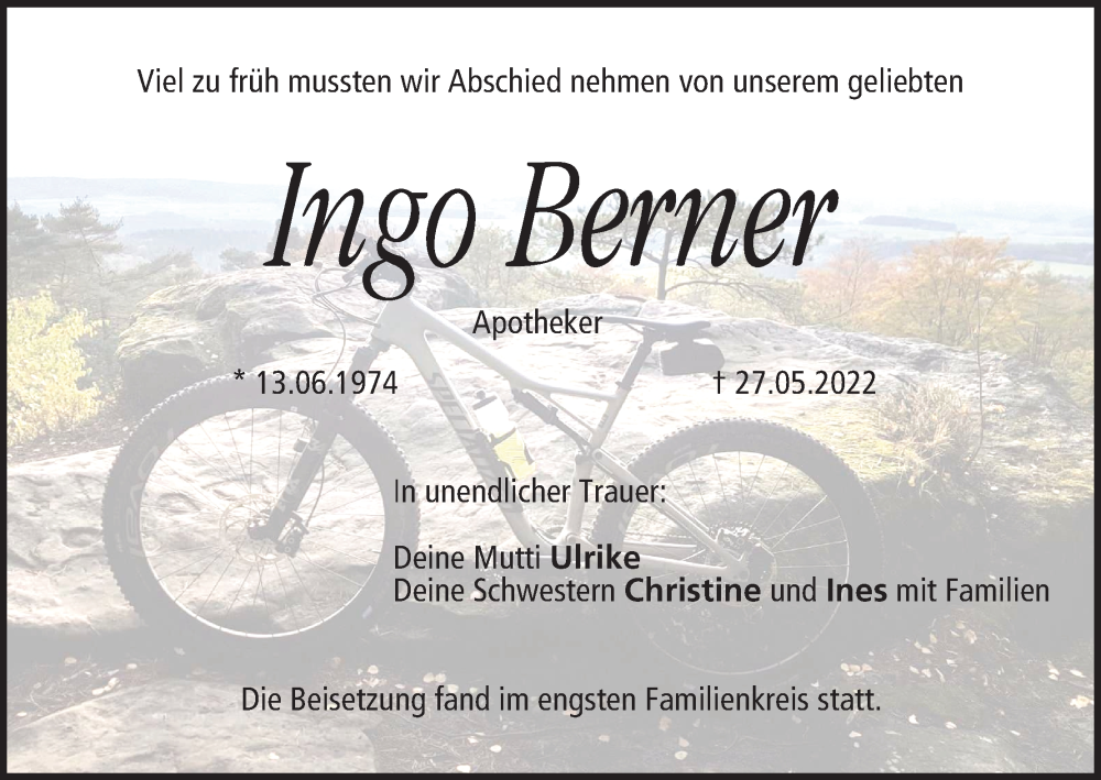  Traueranzeige für Ingo Berner vom 04.06.2022 aus MGO