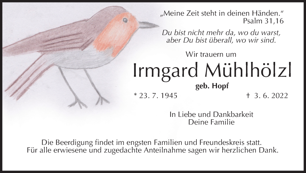  Traueranzeige für Irmgard Mühlhölzl vom 11.06.2022 aus MGO