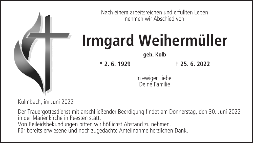  Traueranzeige für Irmgard Weihermüller vom 29.06.2022 aus MGO
