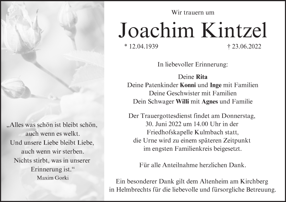  Traueranzeige für Joachim Kintzel vom 28.06.2022 aus MGO