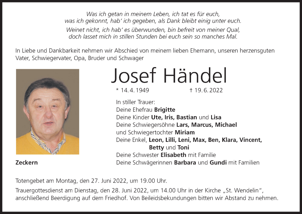  Traueranzeige für Josef Händel vom 23.06.2022 aus MGO