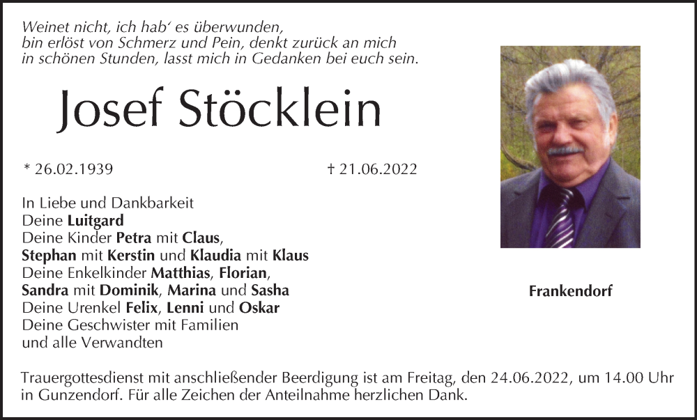  Traueranzeige für Josef Stöcklein vom 23.06.2022 aus MGO
