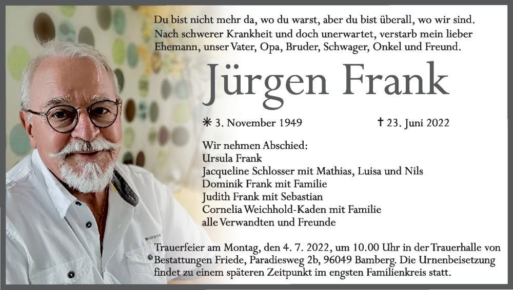  Traueranzeige für Jürgen Frank vom 25.06.2022 aus MGO