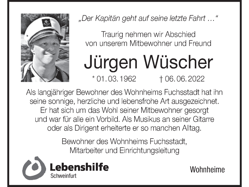  Traueranzeige für Jürgen Wüscher vom 23.06.2022 aus MGO
