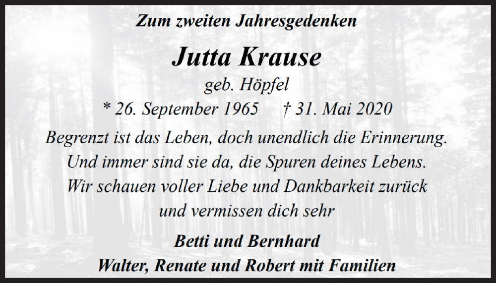  Traueranzeige für Jutta Krause vom 31.05.2022 aus MGO