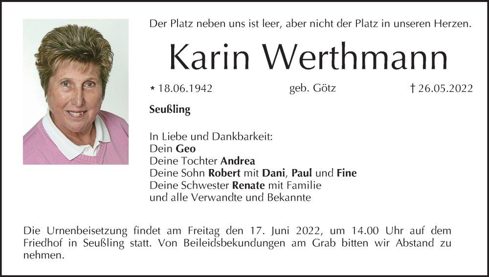 Traueranzeige für Karin Werthmann vom 11.06.2022 aus MGO