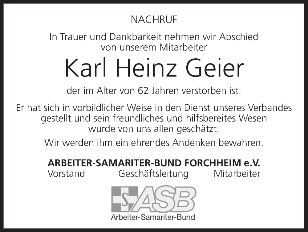  Traueranzeige für Karl Heinz Geier vom 01.06.2022 aus MGO