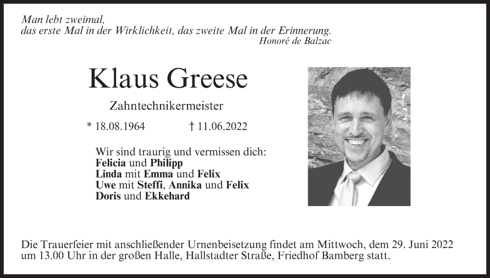  Traueranzeige für Klaus Greese vom 25.06.2022 aus MGO