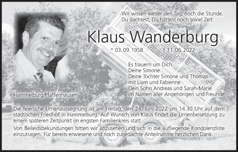 Traueranzeige für Klaus Wanderburg vom 21.06.2022 aus MGO