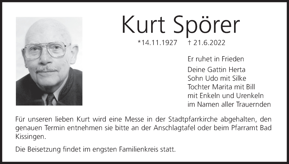  Traueranzeige für Kurt Spörer vom 28.06.2022 aus MGO