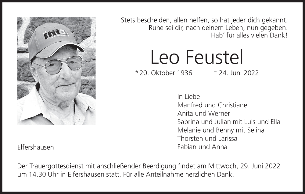  Traueranzeige für Leo Feustel vom 28.06.2022 aus MGO