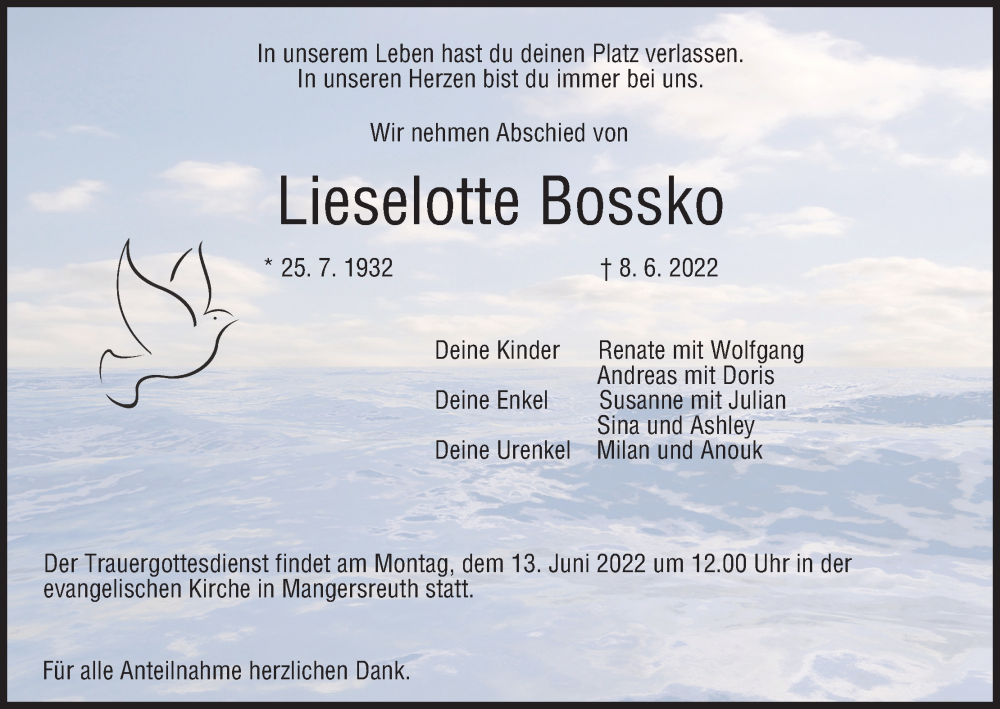  Traueranzeige für Lieselotte Bossko vom 11.06.2022 aus MGO