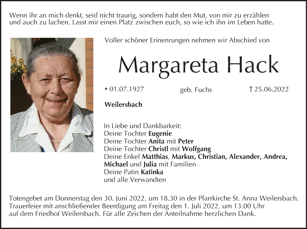  Traueranzeige für Margareta Hack vom 29.06.2022 aus MGO
