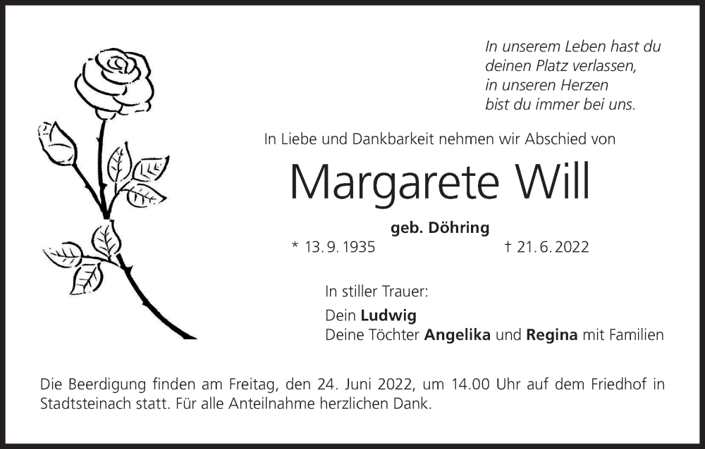  Traueranzeige für Margarete Will vom 23.06.2022 aus MGO