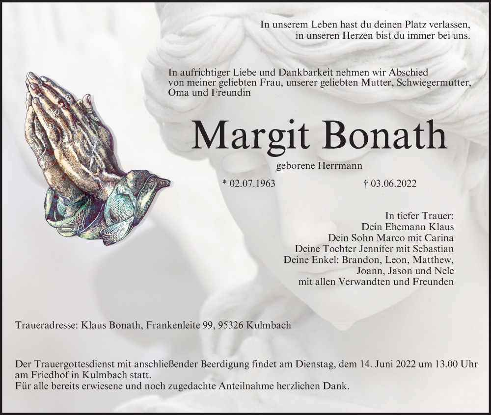  Traueranzeige für Margit Bonath vom 10.06.2022 aus MGO