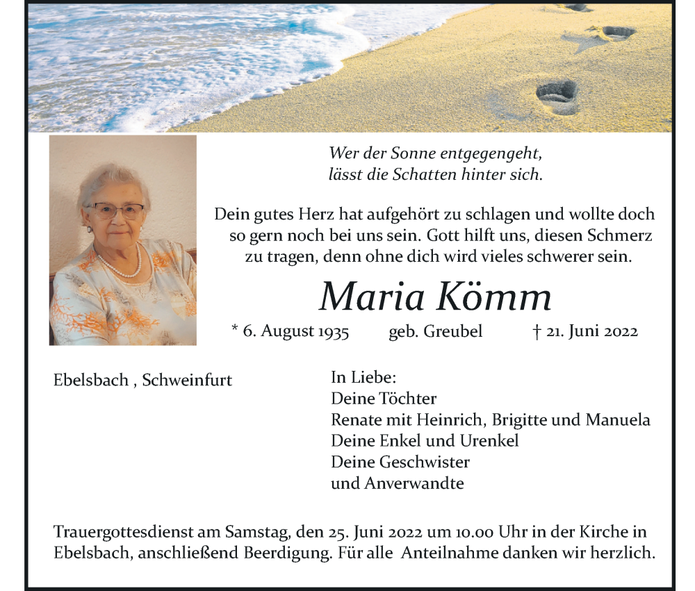  Traueranzeige für Maria Kömm vom 24.06.2022 aus MGO