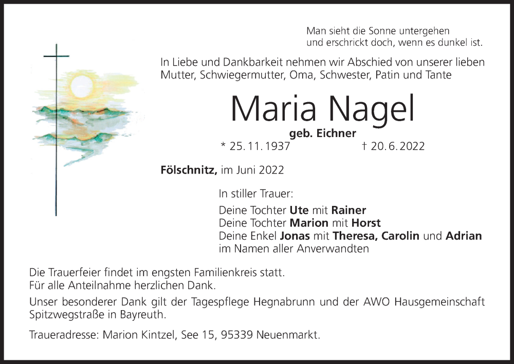  Traueranzeige für Maria Nagel vom 22.06.2022 aus MGO