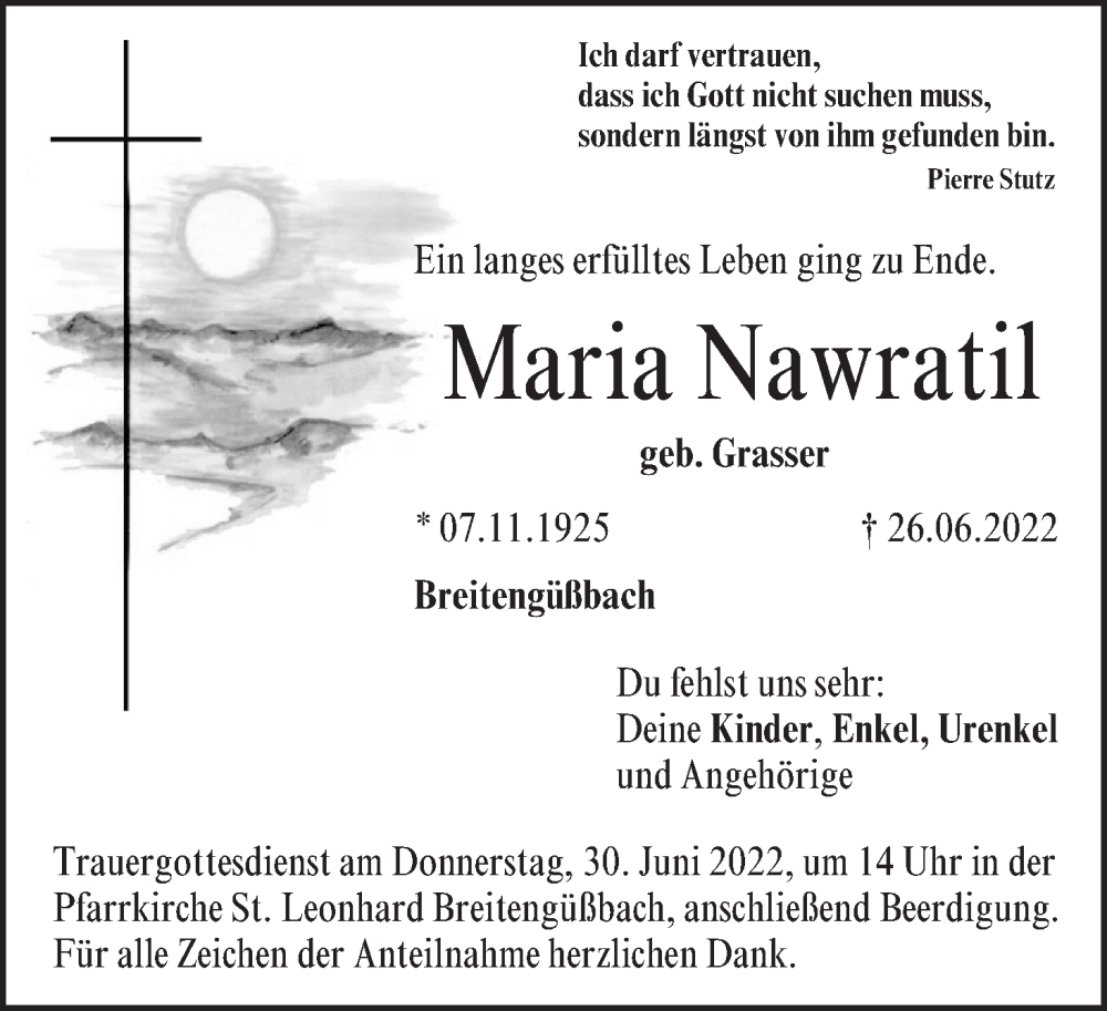  Traueranzeige für Maria Nawratil vom 28.06.2022 aus MGO