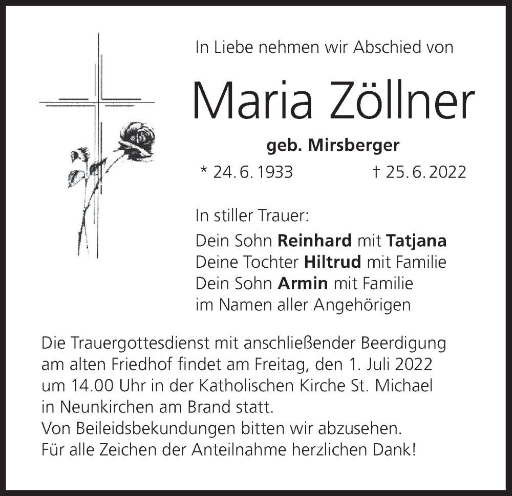  Traueranzeige für Maria Zöllner vom 29.06.2022 aus MGO