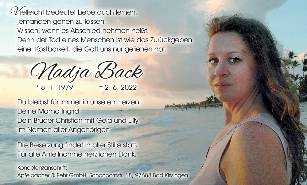  Traueranzeige für Nadja Back vom 11.06.2022 aus MGO