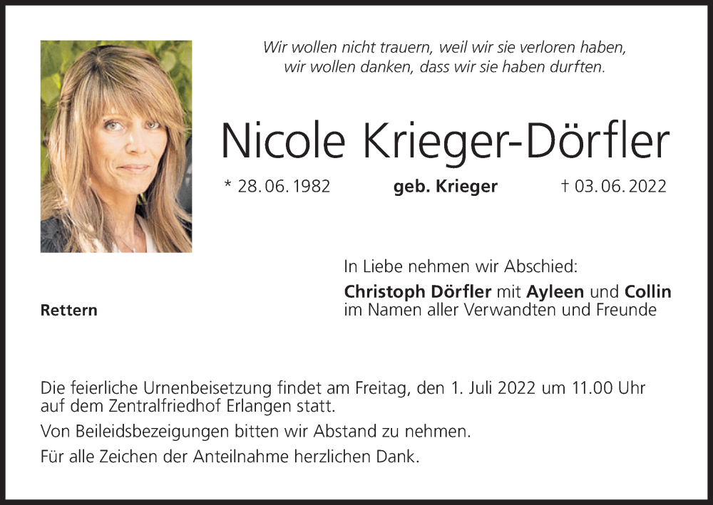  Traueranzeige für Nicole Krieger-Dörfler vom 25.06.2022 aus MGO