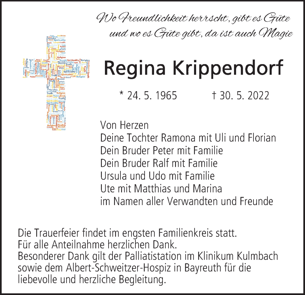  Traueranzeige für Regina Krippendorf vom 01.06.2022 aus MGO