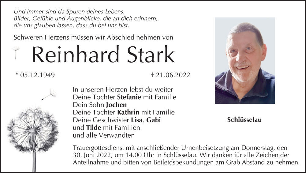  Traueranzeige für Reinhard Stark vom 25.06.2022 aus MGO