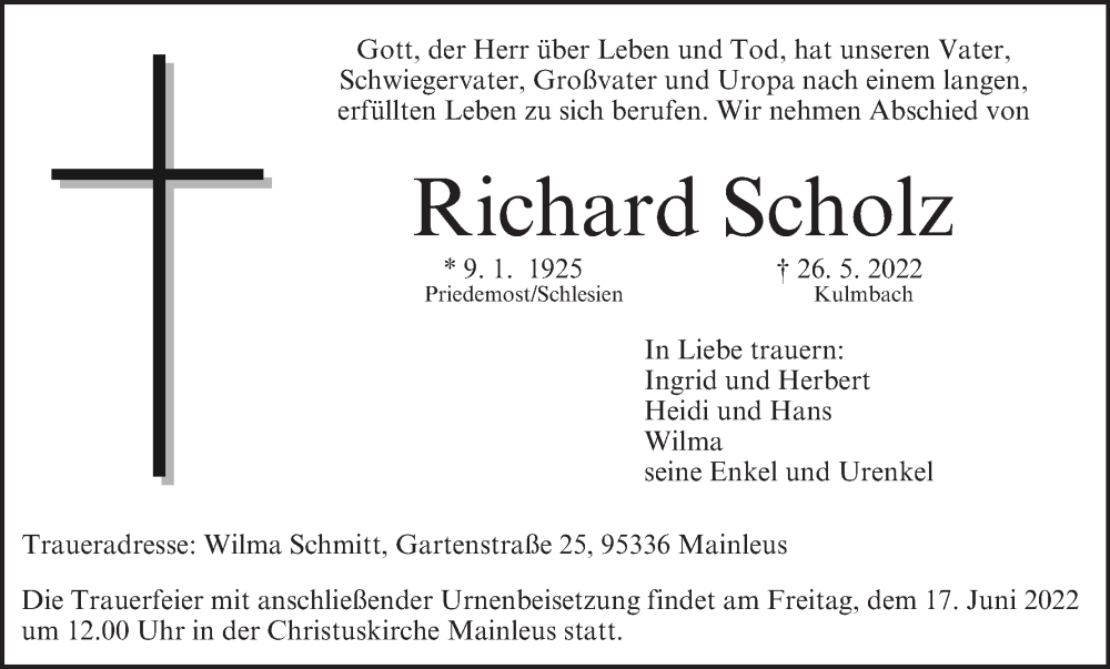  Traueranzeige für Richard Scholz vom 11.06.2022 aus MGO